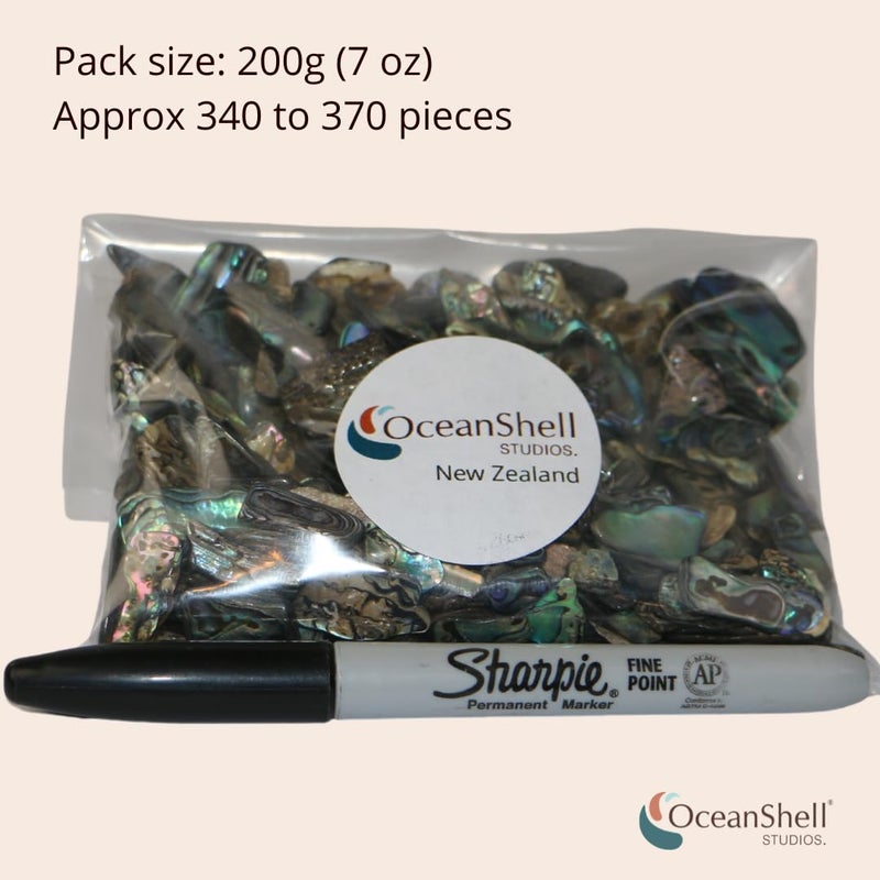 Ocean Shell Studios. Abalone (PÄua) Shell Pieces-7.05oz Pack-for Crafts, Jewelry Making, Resin Art, Inlay, Home Decorations, Fishtank Supplies, DIY Projects - Satin,Fines- .19"-.59"- 7.05oz (200grams) - Image 5
